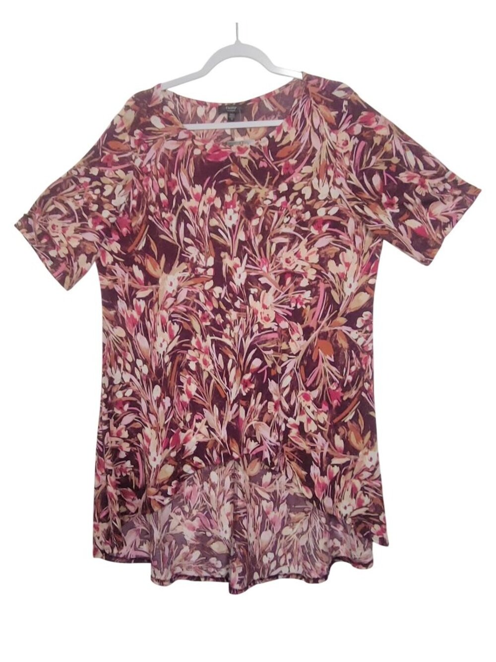 Cocomo Woman 1X Floral Print High-Low Hem Tunic Top In Burgundy & Pink Polyester